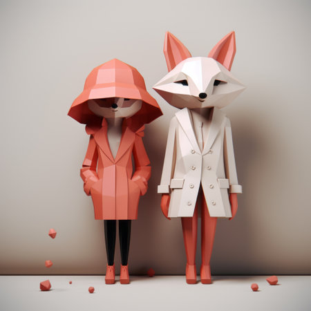 two tie-dyed foxes dressed in minimalist geometries, rendered in cinema4d, showcase a blend of realism and surrealistic elements. the use of paper adds a unique touch to the scene, while the detailed character expressions bring the foxes to life. the color palette features a soggy, light white and dark pink combination. ai generatedの素材