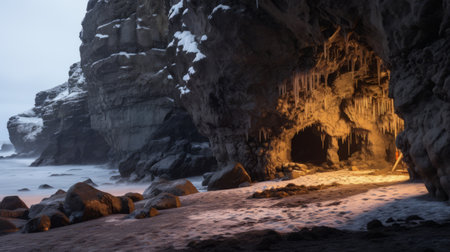 a stunning photo of a cave nestled on a massive iceberg, surrounded by the vast ocean. this rendered image, created in unreal engine, showcases detailed atmospheric portraits and soft atmospheric scenes. the golden light adds an eerie yet realistic touch to the overall ambiance. ai generatedの素材