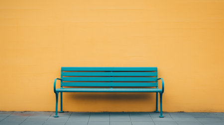 a blue park bench sits against a brick wall, showcasing a color field minimalism style with dark yellow and turquoise hues. the image exudes working-class empathy through its simplified colors of orange, light yellow, and teal. this tabletop photography captures the essence of a serene outdoor setting. ai generatedの素材