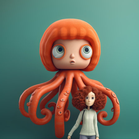 an orange octopus figurine is depicted in this 3d render illustration, accompanied by a person standing beside it. the artwork showcases a naive childlike style, with realistic and emotive portraits. inspired by berrypunk, daz3d, and children's book illustrations, this commission for an illustration captures a whimsical and playful atmosphere. ai generatedの素材