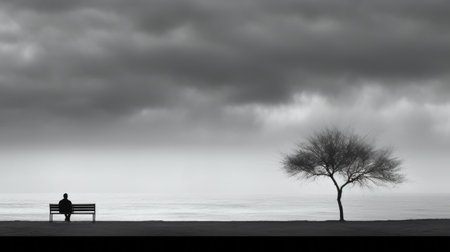 individual sitting on a bench by the water, captured in a black and white portrait reminiscent of peter holme iii's style. the image showcases ominous landscapes with layered and atmospheric elements, featuring ethereal trees. with a resolution of 3840x2160, this uhd image embodies the essence of color field minimalism. ai generatedの素材