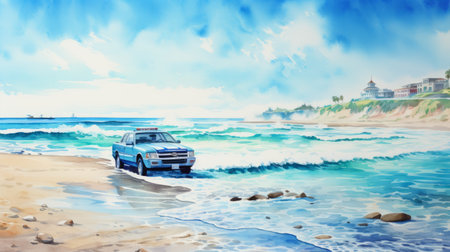 blue paint on paper, depicting realistic watercolor paintings of classic american cars and naturalistic ocean waves. the artwork showcases the art of the ivory coast, with elements of the outrun aesthetic and the distinctive style of anatoly metlan. the composition creates elaborate artistic environments that captivate the viewer's imagination. ai generatedの素材