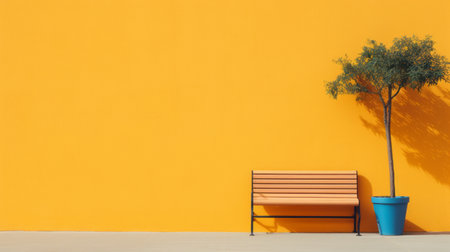 a bench with a red pot is placed against a vibrant yellow wall, showcasing a minimalist background. the photo features an orange color scheme and is captured in stunning 8k resolution. the simplicity and monochromatic color palettes create a sense of subdued minimalism, highlighting the beauty of mundane materials in a light black and orange tone. ai generatedの素材