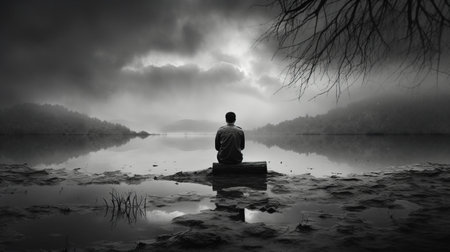 a black and white photo captures a man immersed in water, reminiscent of a spiritual landscape. the image exudes pensive stillness, reflecting the artistic style of igor zenin. moody color schemes and the influence of alfred augustus glendening add depth to the emotionally complex composition, emphasizing feelings over reality. ai generatedの素材