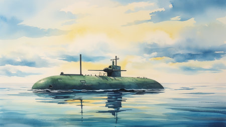 a submarine on the sea is depicted in this sketch illustration, 2955884. the artwork showcases the traditional oil-painting techniques, luminous watercolors, and precisionist art style. influenced by the zaire school of popular painting and the concept of kintsukuroi, the image captures the beauty of steel in high resolution. ai generatedの素材