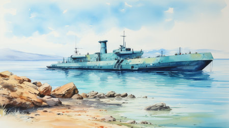 a navy cruiser gracefully floats in the water, depicted in a stunning watercolor style by the talented artist gediminas pranckevicius. the illustration showcases impressive panoramas of scottish landscapes, enhanced by the use of brunaille underpainting and split toning techniques. this artwork is a commissioned piece, capturing the beauty and power of the naval vessel. ai generatedの素材