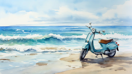 a majestic watercolor sketch of a classic vespa on the beach, near the sparkling water. this realistic seascape, part of the incisioni series, captures the beauty of the teal and aquamarine hues. with its sweeping seascapes and the use of gouache, this artwork from the stimwave collection is truly captivating. ai generatedの素材