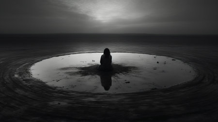 robert s. napoleon, a renowned twentieth-century artist, recontextualized his art by capturing a demonic photograph. in the style of noell oszvald, this unsettling image showcases calm waters and unsettling atmospheres. the photo was taken with a nikon d750 and features the carl zeiss distagon t 15mm f/2.8 ze lens, adding depth and intensity to the composition. ai generatedの素材