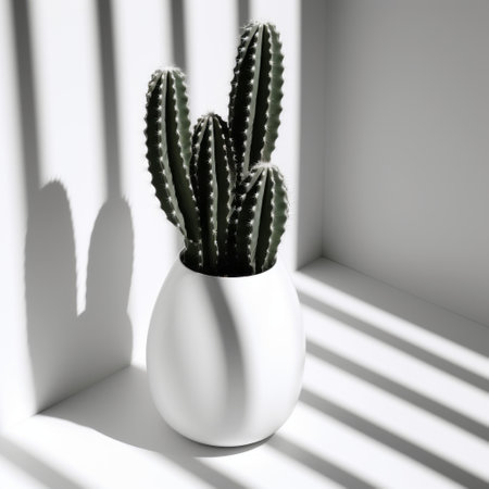 a 3d modern cactus image is showcased against a white flat window background. the image features intense shadows, soft tonal transitions, and smooth curves. with the use of zeiss planar t 80mm f28 lens, the details are captured beautifully. the composition also includes ambient occlusion, luminous sfumato, and various stripes and shapes. ai generatedの素材