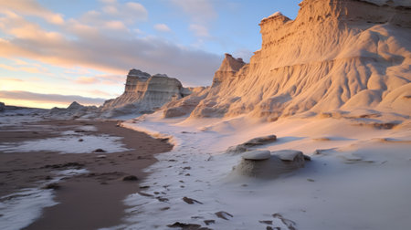 a sandy beach with mountains in the background during the summer, captured in the style of organic stone carvings. the light purple and white hues add a serene touch to this stunning photograph by tom grummett, featured in national geographic. this prairiecore image beautifully utilizes the artistic vision of david nordahl. ai generatedの素材