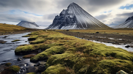 a small stream gracefully winds its way through a snow-covered mountain landscape, captured in the distinctive style of scarlett hooft graafland. the contrasting hues of light green and dark amber create a visually striking scene. with sharp focus and an imposing sense of monumentality, this national geographic photo by sven nordqvist showcases the artist's mastery of capturing nature's beauty. the brushstroke fields add an artisticの素材