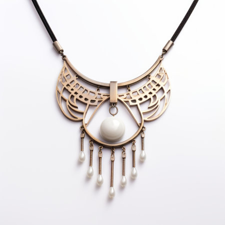 a gold necklace featuring a pearl pendant, showcasing a unique blend of technological design and tribal abstraction. the necklace combines dark white and light bronze tones, incorporating classical motifs and themes. crafted with meticulous attention to detail, the pendant is set against a white background, creating a striking contrast. ai generatedの素材