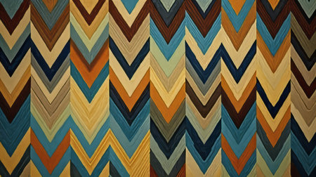 chevron pattern of tangerine and blue rugs by andy kaden, featuring a dark teal and light brown style. the rugs showcase striking symmetrical patterns reminiscent of colorful woodcarvings and layered veneer panels. with an aerial view, these vibrant acrylic rugs are made from natural fibers, adding a touch of vibrancy to any space. ai generatedの素材