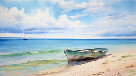 a boat on the beach, captured in the style of realistic watercolor paintings by arkhip kuindzhi. the artwork features high horizon lines, showcasing the artist's attention to detail. the realistic usage of light and color, with shades of light indigo and green, adds depth and dimension to the romanticized seascapes. ai generatedの素材