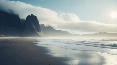 coastal scenery captured in a uhd image showcasing the rocky mountains and the mesmerizing blue water. this photograph, inspired by the style of jessica rossier, combines elements of scarlett hooft graafland's soft atmospheric perspective and eilif peterssen's naturalistic ocean waves. ai generatedの素材