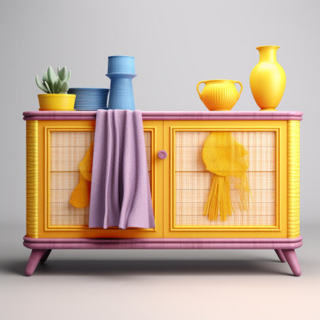 a 3d model of a buffet, creatively blending organic compounds and packaging elements. the color scheme features canary and light goldenrod yellow, with circular hatching in light goldenrod yellow and periwinkle-blue. the buffet is made of rattan, complemented by a touch of magenta fabric. ai generatedの素材