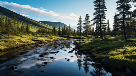 a mesmerizing forest landscape featuring tall trees and misty mountains, captured in the style of sparkling water reflections by max rive using the zeiss planar t 80mm f/2.8 lens. this stunning depiction of rural life, reminiscent of even mehl amundsen's flowing brushwork, is presented in 32k uhd resolution. ai generatedの素材