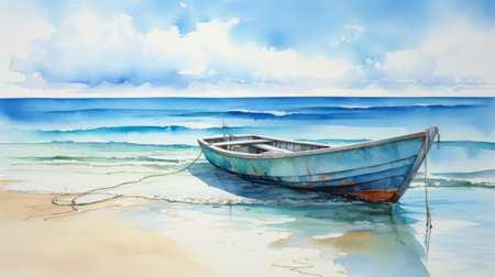 a watercolor illustration of a blue fishing boat resting on a sandy beach, reminiscent of atmospheric landscape paintings. this artwork, inspired by the art of tonga, rashad alakbarov, and yanjun cheng, captures the contrasting play of light and shadow. the composition also features rusty debris, creating a juxtaposition of hard and soft lines. ai generatedの素材