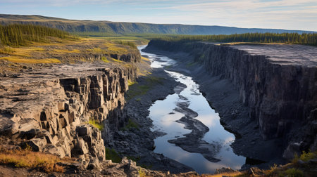 waterfall cascading into frozen gorge in chinese arctic, nigiri basin, arctic island, bela. dark gray and gold hues dominate the expansive landscape, captured in the gothic romanticism style of hans memling. this national geographic photo showcases the beauty of nature, merging elements of prairiecore with the breathtaking scenery. ai generatedの素材
