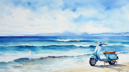 blue scooter with a flower on the beach, a watercolor illustration capturing the essence of stormy seascapes. this panoramic artwork by steve henderson, created using a konica auto s3 camera, showcases hyper-realistic water and smooth lines. the talented artist, takayuki takeya, brings this scene to life with their unique style. ai generatedの素材