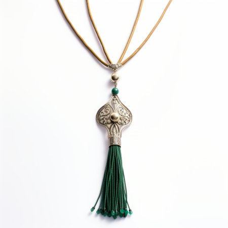 an ornate green necklace with an elaborate design, inspired by the styles of dusan djukaric, carlo crivelli, and chinese tradition. the necklace is showcased against a white background, highlighting its intricate details. crafted from leatherhide, the necklace features a captivating combination of dark beige and silver tones, creating a stunning visual appeal. ai generatedの素材