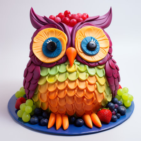 a colorful cake featuring a zbrush-style owl with white spots, adorned with elaborate fruit arrangements. the cake showcases focus stacking techniques, bold colors, and strong lines. with its voluminous mass and full body, this plastic creation is a true work of art. ai generatedの素材