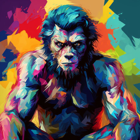 a detailed painting of the wolverine, showcasing colorful palette and expressive character designs. this 8k resolution artwork captures the essence of junglepunk with its vibrant figures and intricate details. the psychological phenomena illustrations add depth to the manticore-inspired creature, creating a visually captivating piece. ai generatedの素材