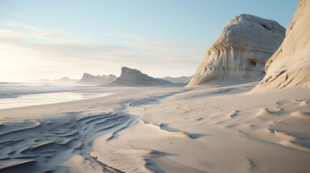 the beach showcases a stunning array of sand and rock formations, ranging from large to small. the scene is reminiscent of soft pastel landscapes rendered in unreal engine, evoking a sense of tranquility and beauty. this national geographic photo captures the essence of dutch landscapes, offering a captivating visual experience. ai generatedの素材