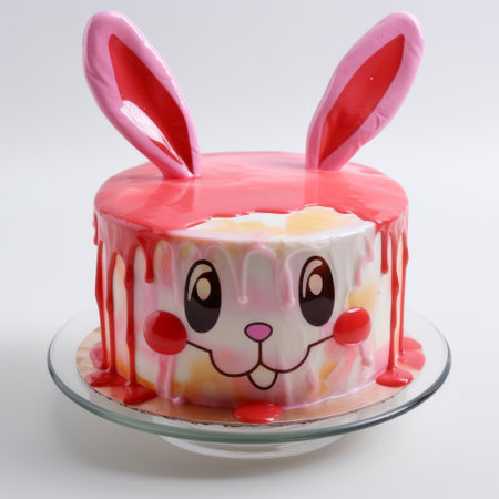 a cake featuring bunny ears painted in a unique style resembling dripping paint. the design showcases layered translucency with vibrant shades of red and pink. this code-based creation exhibits exacting precision, combining elements of smilecore and hyperrealistic precision. ai generatedの素材