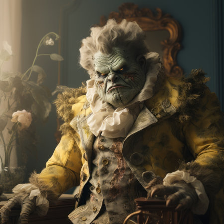 a large man, dressed in a yellow outfit, sits in a goblin academia style. the photo showcases rococo-inspired details and is captured using cinestill 50d film. this epic portraiture highlights elements of ghoulpunk and inventive character designs, making it a captivating piece of tabletop photography. ai generatedの素材