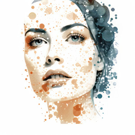 a portrait of a woman with splashes of watercolor, showcasing simplified and stylized features. this uhd image captures the essence of timeless beauty with its dotted, light indigo and orange hues. the woman's captivating gaze and exaggerated facial features add an artistic touch to the portrait. ai generatedの素材