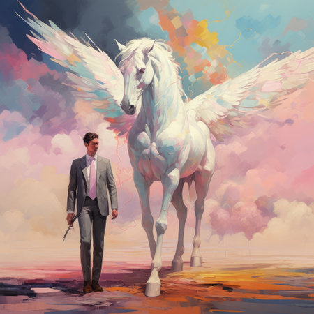 a white horse with a big head and spread wings walks gracefully, reminiscent of the impressionistic figures seen in the works of cyril rolando and sam spratt. the vibrant and colorful palette, captured in 8k resolution, adds a touch of romance to the scene, much like the romanticized figures depicted by michael malm. ai generatedの素材