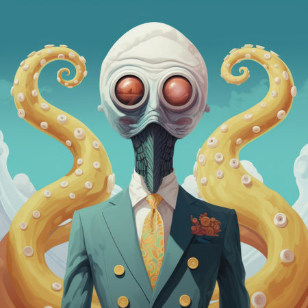 a man with a jacket, tie, and glasses stands in front of a surrealistic futuristic octopus. the detailed character design showcases elements of duckcore, pop surrealism, and seapunk. the image also features life-like avian illustrations and a wandering eye. ai generatedの素材