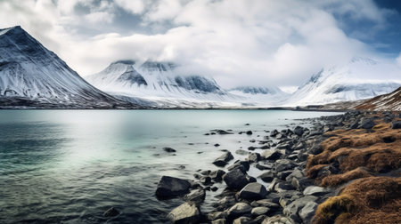 a stunning panoramic photo capturing a serene lake nestled near a majestic snow-capped norwegian mountain. this high-quality, nature-inspired image showcases the post-apocalyptic backdrops and the breathtaking beauty of the norwegian landscape. a national geographic-worthy shot, taken with the exceptional fujifilm pro 800z film. ai generatedの素材