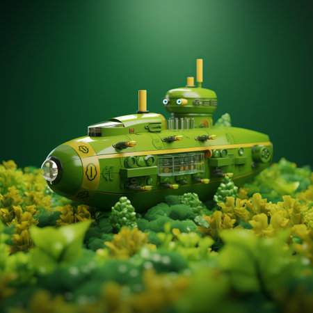 a green submarine is showcased in a lush oasis surrounded by ferns, featuring intricate nautical details and a distinct style reminiscent of zbrush. this sculpted masterpiece by valentin rekunenko incorporates playful shapes and pays homage to iconic pop culture references. with a depth of field effect, the image captures the precise craftsmanship and imaginative design of this unique artwork. ai generatedの素材