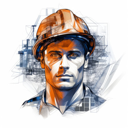 a man wearing a white hat with blue stripes, representing the concept of a construction worker, is depicted in this hyper-detailed portrait. the artwork, created by martin rak, showcases strong graphic elements and a dynamic sketching style. the illustration features amber tones and gives the impression of being made of liquid metal. ai generatedの素材