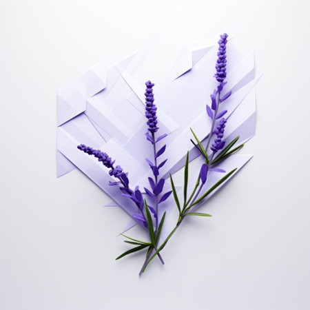 lavender flowers arranged in wooden triangles create a visually striking composition. this monochromatic graphic design features 3d elements and deconstructed objects, enhanced by vibrant use of light and shadow. the minimalist illustrator's touch is evident in the dramatic diagonals and incorporation of graphic design elements. ai generatedの素材