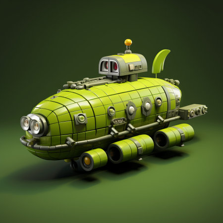 a green submarine, rendered in cinema4d, stands out against a vibrant green background. this lowbrow, solarpunk-inspired artwork features a playful use of texture and grid-based design. the submarine's playful character designs and pseudo-realistic elements add to its cool and unique appearance. ai generatedの素材