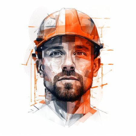 abstract concept graphics for business illustration featuring a construction worker. this artwork, inspired by the styles of michael shapcott, guillem h. pongiluppi, and matthias haker, showcases a realistic portrait of the worker. the use of faceted shapes and clear colors, such as amber, adds depth and visual interest to the composition. ai generatedの素材