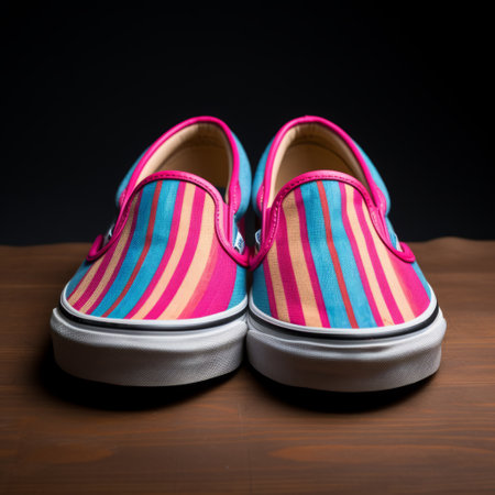 vans classic slip on shoes with multicolored stripes, featuring a whimsical subject matter. the shoes are styled with a vignetting effect, showcasing vibrant pink and blue colors. this photograph captures the essence of new american color photography, with a creative commons attribution. the beauty of this image lies in its unique combination of shaped canvas and captivating aesthetics. ai generatedの素材