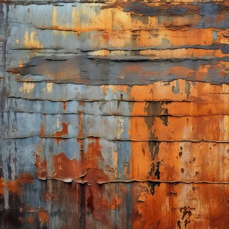 rusted painting of an orange and blue color, featuring textured paint layers and capturing the essence of industrial urban scenes. the thick paint layers create a raw and metallic feel, while the varying wood grains add depth to the composition. the dark and foreboding colors evoke a sense of mystery and intrigue. this photograph as material showcases the beauty of decay and transformation. ai generatedの素材