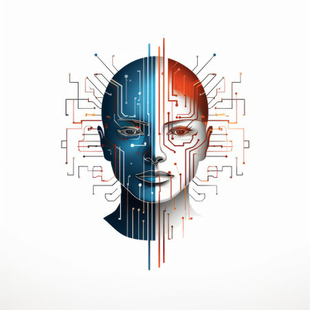 a photo showcasing the concept of "humanolution" - a blend of human and artificial intelligence. the image features a cyborg with various facial expressions, represented by icons. the style is characterized by bold lines, dynamic colors (light navy and red), split toning, and surrealist symbolism. the composition is symmetrical, set against a white background, with elements of kintsugi. the price for this image is 1の素材