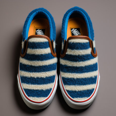 a pair of slip-on vans shoes, adorned with wool socks, captured in the style of kodak portra. the image showcases bold, cartoonish lines and a realistic blue sky backdrop. attention is drawn to the texture of fur and feathers, while horizontal stripes and americana iconography add to the overall aesthetic. the craftsmanship of the shoes is polished and evident. ai generatedの素材