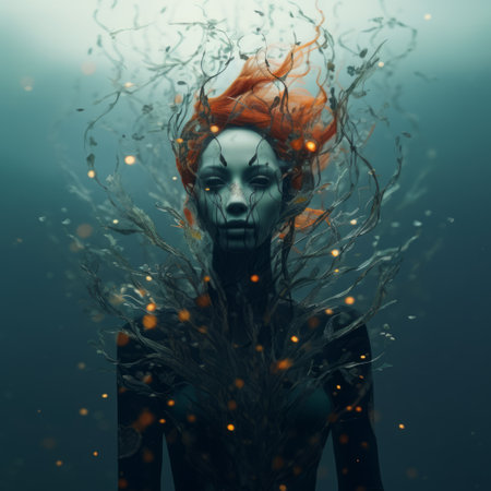 an old woman submerged underwater, surrounded by lush ferns and vines. the image showcases a dark silver and orange color palette, creating a futuristic fantasy atmosphere. the depth of field adds depth and focus to the scene, while the dark aquamarine and red tones enhance the realistic human figures. the misty gothic ambiance and minimalistic portraits complete the captivating composition. ai generatedの素材