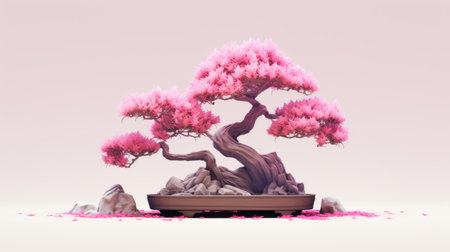 a vibrant and high-energy concept art featuring a bonsai tree adorned with pink blossoms. this surrealistic piece, created using zbrush, combines elements of realism and minimalist monochromatic landscapes. inspired by nature, this artwork captures the essence of hayao miyazaki's style with its nature-inspired compositions. ai generatedの素材