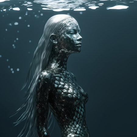 a 3d rendered and animated mermaid gracefully floats underwater, surrounded by bubbles. the artwork showcases a unique blend of dark silver and light black tones, embodying a cyberpunk futurism aesthetic. with elements of neo-mosaic, intricate minimalism, and dreamlike portraiture, this online sculpture presents a captivating representation of the human form. ai generatedの素材