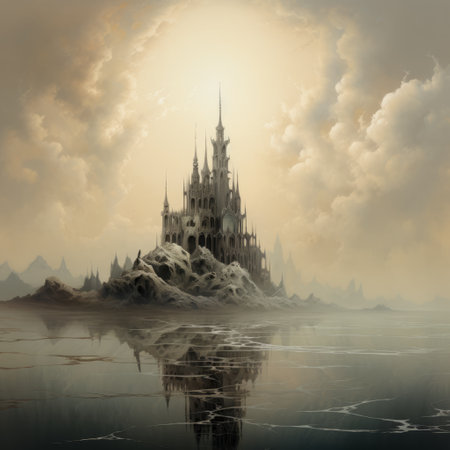 a photo featuring castles rising from the water under a cloudy sky, set against a dark landscape. this fantasy-inspired image showcases the intricate character design in the style of detailed fantasy art. the castles shimmer in light gold and silver tones, with gothic architecture and layered translucency. backlit by a soft mist, the photo exudes mythic symbolism. ai generatedの素材