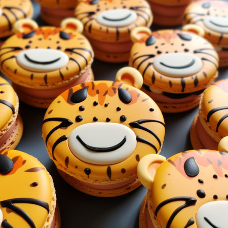 macarons with a tiger face design, featuring a unique blend of contrasting elements such as hard and soft lines. these cartoony characters are beautifully adorned on the macarons, which are set against a backdrop of polished concrete. the overall aesthetic is lush and detailed, with a touch of duckcore influence. the macarons were developed using the caffenol method, resulting in a rounded and visually appealingの素材
