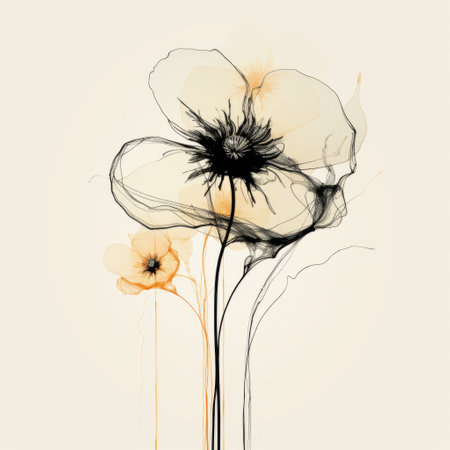 a black and white artwork of flowers, featuring delicate ink lines and a harmonious color palette of light orange and light amber. this romantic illustration showcases minimalistic lines and a play with transparency and opacity. discover this captivating piece on flickr. ai generatedの素材