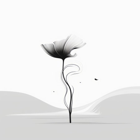 poppy flower background illustration featuring a white background. the artwork is done in a black and white abstraction style, with clear and precise bird art. created by dan matutina, the design showcases a romantic landscape with graceful curves, evoking a sense of quiet contemplation. ai generatedの素材